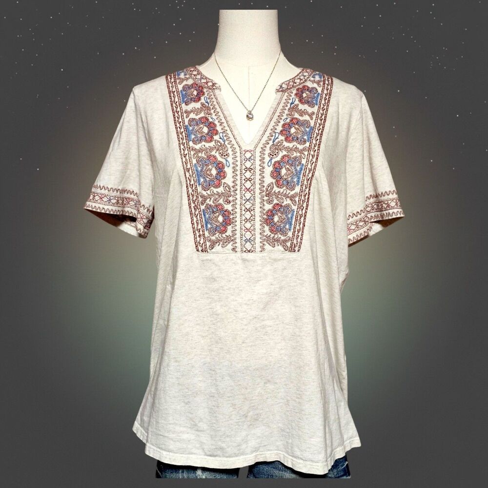 Pure Jill Women Medium Cream Embroidered Cotton Tee Boho Artisan Cottagecore Top